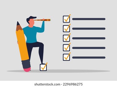 A man performs tasks, completing assignments to the end. List of cases or tasks, business project implementation. The man holds a pencil and marks the completed items of the task. Vector illustration