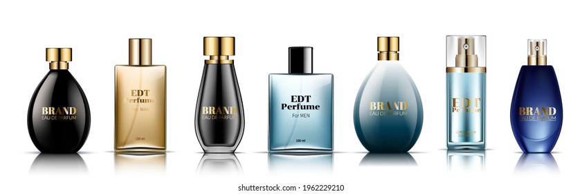 Man Perfume glass bottles various shapes caps color 3d realistic set on white background isolated. vector illustration