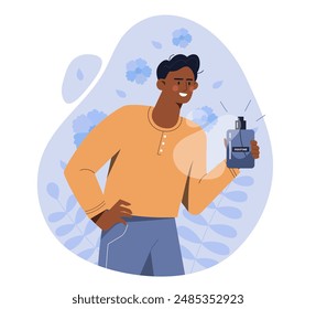 Man with perfume. Man with sprayer applies cosmetic product to himself. Fragnance and aroma. Glass bottle with cologne. Beauty and elegance. Flat vector illustration isolated on white background