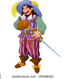 Man with a period costume and a sword posing.