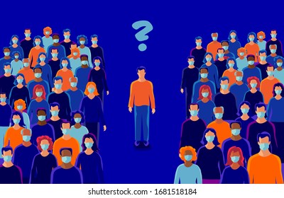 Man person alone in isolation from others with question. Group of people wearing protection medical face mask to protect and prevent virus, disease, flu, air pollution, contamination, corona pandemic 