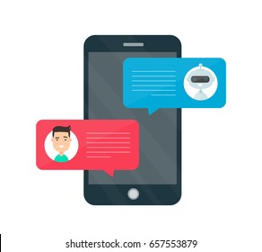 Man person chatting on cellphone with chat bot robot.Vector modern style cartoon character illustration avatar icon design.Chat messages chatbot notification on smartphone.Isolated on white background