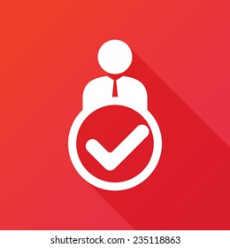 Man, person with check mark | tick sign in box. Modern flat icon with long shadow effect