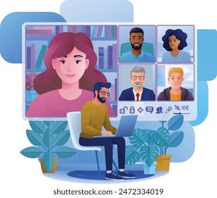 Ein Mann, eine Person, ein Konferenzgespräch mit einem Laptop auf einem Online-Video-Konferenzgespräch. Illustration von Karikaturen für Konferenzkonzepte.
