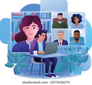 A man, person, conference calling using a laptop computer on an online internet virtual video conference call team meeting. Conferencing concept cartoon illustration.