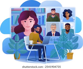 Ein Mann, eine Person, eine Konferenz, die mit einem Laptop-Computer auf einem Online-Internet virtuelle Videokonferenz Anruf Team Sitzung. Cartoon-Illustration zum Konferenzkonzept.