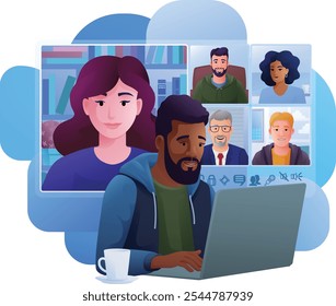 A man, person, conference calling using a laptop computer on an online internet virtual video conference call team meeting. Conferencing concept cartoon illustration.