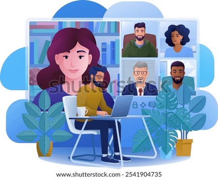 A man, person, conference calling using a laptop computer on an online internet virtual video conference call team meeting. Conferencing concept cartoon illustration.