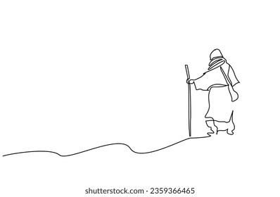 man person desert bedouin nature staff back behind rear view line art design