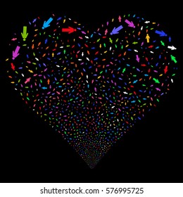 Man Person fireworks with heart shape. Vector illustration style is flat bright multicolored iconic symbols on a black background. Object valentine heart constructed from random symbols.
