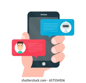 Man person hand chatting on cellphone with chat bot robot. Vector modern style cartoon character illustration avatar icon design. Chat messages notification on smartphone. Isolated on white background