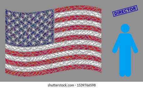 Man person icons are arranged into United States flag collage with blue rectangle distressed stamp watermark of Director text.