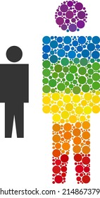 Man person mosaic icon of spheric dots in variable sizes and spectrum colored color tinges. A dotted LGBT-colored man person for lesbians, gays, bisexuals, and transgenders.