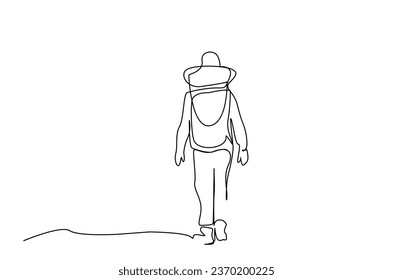 man person nature hike trekking winter mountain activity back rear behind walk lifestyle line art design