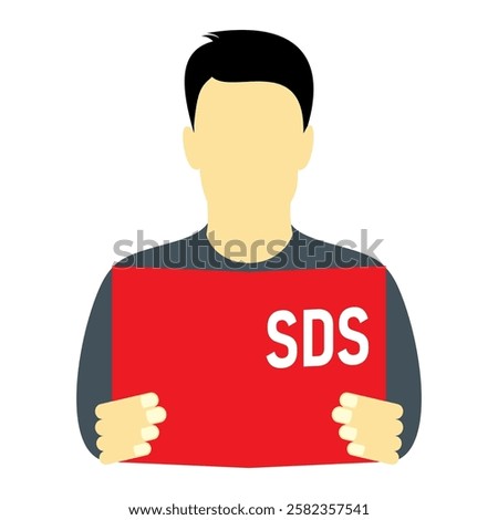 Man, person read the safety data sheet document for comply with chemical handling procedure isolated illustration.