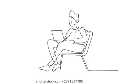 persona humana se relaja en casa con diseño de líneas de vida de laptop