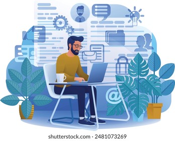 Hombre, persona, remoto trabajando en la computadora portátil escribiendo un documento posiblemente un currículum o cv para la búsqueda de empleo en línea de la agencia de contratación de la aplicación de la caricatura del Sitio web. 