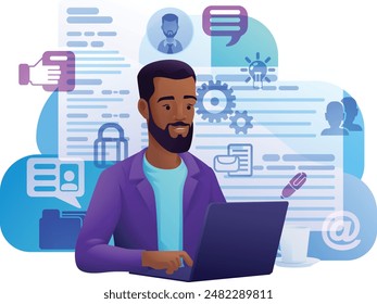 Man, person, remote working on laptop computer writing document possibly a resume or cv for online internet job search application recruitment agency website cartoon illustration. 