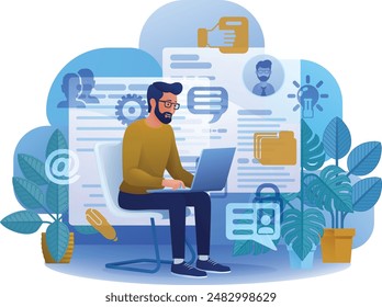 Hombre, persona, remoto trabajando en la computadora portátil escribiendo un documento posiblemente un currículum o cv para la búsqueda de empleo en línea de la agencia de contratación de la aplicación de la caricatura del Sitio web. 