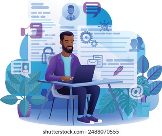 Man, person, remote working on laptop computer writing document possibly a resume or cv for online internet job search application recruitment agency website cartoon illustration. 