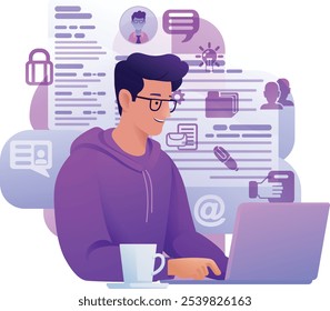 Homem, pessoa, trabalho remoto no computador laptop escrevendo o documento possivelmente um currículo ou cv para o emprego de pesquisa on-line aplicativo agência de recrutamento site ilustração cartoon. 