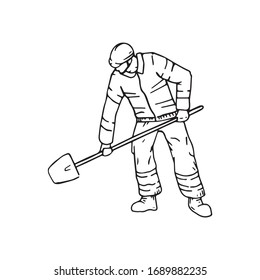 Man person shoveling in uniform outline illustration image. Single male construction worker building something. Construction worker with helmet, hand drawing graphic. Adult builder using the tool.