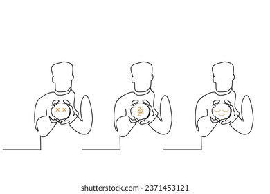 man person showing clock different moods emotions set front view line art design