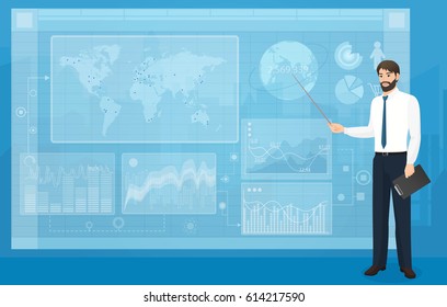 The Man person showing a part of a presentation on the blue background vector illustration. Modern VR interface graph elements.