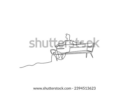 man person sitting alone on bench looking away thinking calm relax one line art design