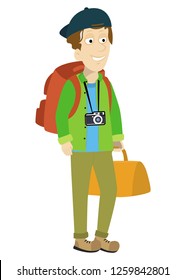 Man person standing hanging a digital camera backpack hat and a bag in hand tourist travelling