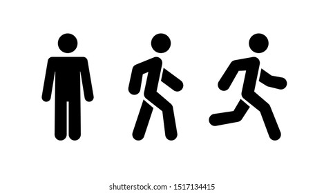 Man, person standing, walking and running illustration. Run, walk, stand navigation wayfinding icon.