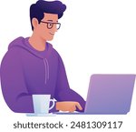 A man, person, using a laptop computer cartoon illustration. Possibly remote working online from home or running a business as an entrepreneur or freelancer. Could also be a college student studying.