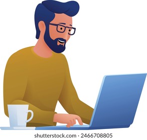 A man, person, using a laptop computer cartoon illustration. Possibly remote working online from home or running a business as an entrepreneur or freelancer. Could also be a college student studying.