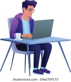 A man, person, using a laptop computer cartoon illustration. Possibly remote working online from home or running a business as an entrepreneur or freelancer. Could also be a college student studying.