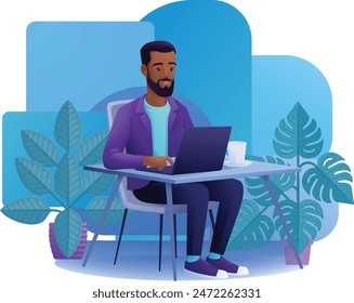 A man, person, using a laptop computer cartoon illustration. Possibly remote working online from home or running a business as an entrepreneur or freelancer. Could also be a college student studying.