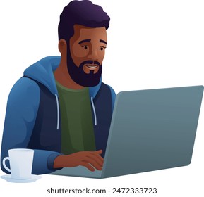 A man, person, using a laptop computer cartoon illustration. Possibly remote working online from home or running a business as an entrepreneur or freelancer. Could also be a college student studying.