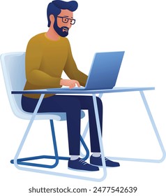 A man, person, using a laptop computer cartoon illustration. Possibly remote working online from home or running a business as an entrepreneur or freelancer. Could also be a college student studying.