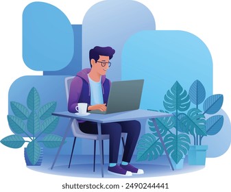 A man, person, using a laptop computer cartoon illustration. Possibly remote working online from home or running a business as an entrepreneur or freelancer. Could also be a college student studying.