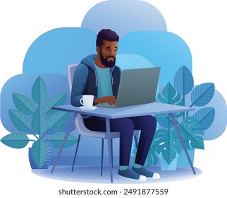 A man, person, using a laptop computer cartoon illustration. Possibly remote working online from home or running a business as an entrepreneur or freelancer. Could also be a college student studying.