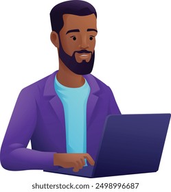 A man, person, using a laptop computer cartoon illustration. Possibly remote working online from home or running a business as an entrepreneur or freelancer. Could also be a college student studying.
