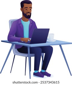 Ein Mann, eine Person, die eine Laptop-Computer-Cartoon-Illustration benutzt. Möglicherweise per Fernzugriff von zu Hause aus online arbeiten oder ein Unternehmen als Unternehmer oder Freiberufler führen. Könnte auch ein Student sein.