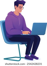 Ein Mann, eine Person, die eine Laptop-Computer-Cartoon-Illustration benutzt. Möglicherweise per Fernzugriff von zu Hause aus online arbeiten oder ein Unternehmen als Unternehmer oder Freiberufler führen. Könnte auch ein Student sein.