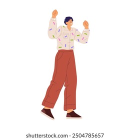 Man personage expressing delight and joy raising hands up, flat cartoon vector illustration. Person celebrating accomplishment and excitement, happy male character shouting and smiling