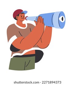 Personaje humano mirando a distancia a través del telescopio o tubo con lente óptica y acercándose. Jóvenes aislados explorando la naturaleza y paisajes, explorando o visitando el carácter masculino. Vector de estilo plano