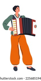 Personaje masculino tocando en acordeón. Hombre aislado con instrumento musical clave, concierto o actuación, festival o músico. Caricatura, vector de estilo plano