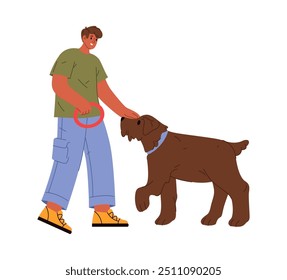 Man personage playing with dog throwing ring hoop or toy for doggy. Vector isolated flat cartoon character spending time with pet. Boy walking and having fun free time with canine animal