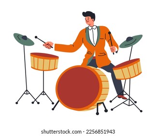 Man personage playing drums in music man, isolated musician wearing formal clothes for performance. Entertainment and musical recreation, male with drumsticks. Cartoon character, vector in flat style