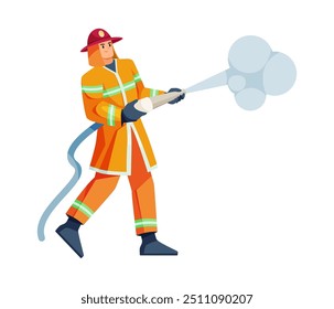 Personagem de homem usando uniforme de proteção trabalhando como bombeiro apagando fogo. Caráter vetor plano de desenho animado, bombeiro isolado lidando com emergência segurando mangueira longa com água líquida