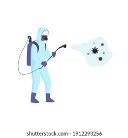 Man in Personal Protective Equipment (PPE) spraying chemicals on viruses. Covid corona virus desinfection cleaning concept. epidemic prevention. Isolated Flat vector illustration on white