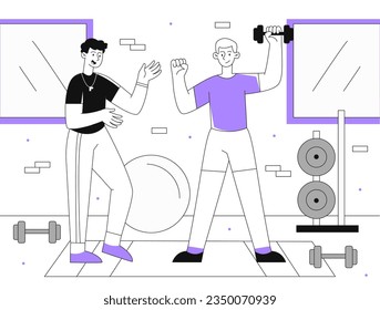 Man with personal trainer line concept. Young guy with dumbbells and mat. Active lifestyle and sport. Fitness and workout. Client with trainer in gym. Linear flat vector illustration